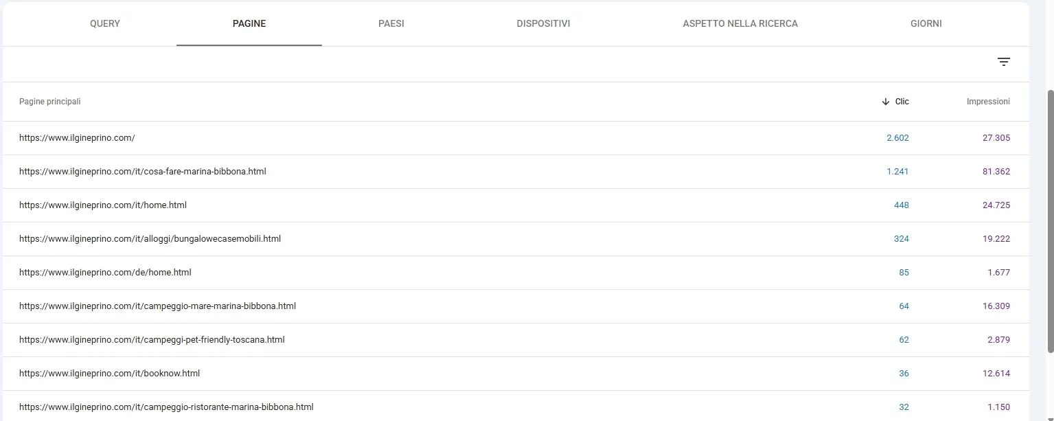 lista pagine google search console