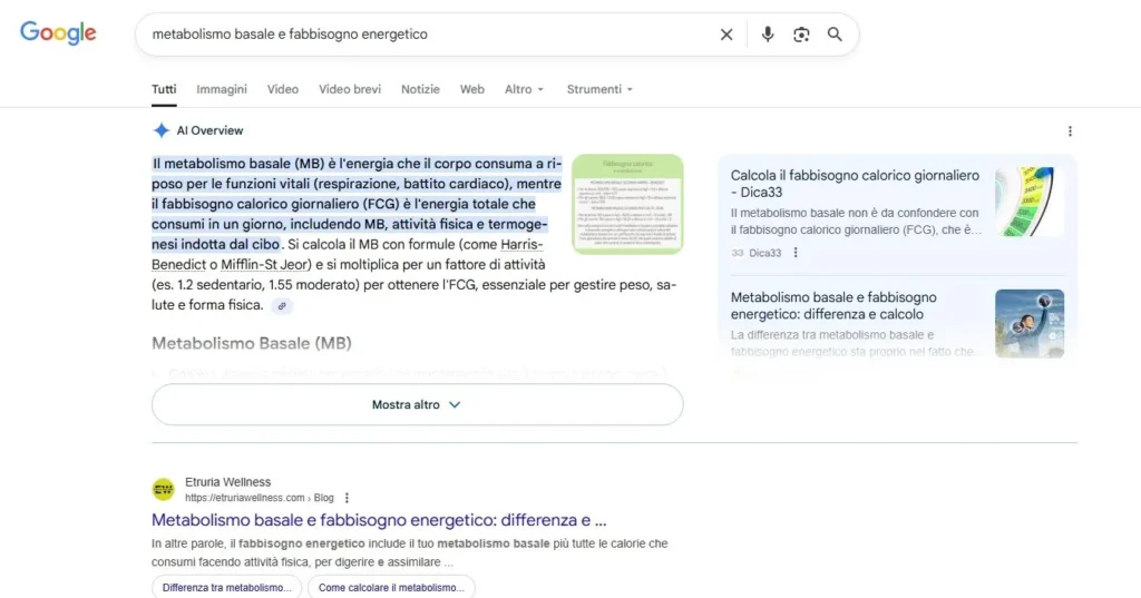 screenshot ricerca web metabolismo basale