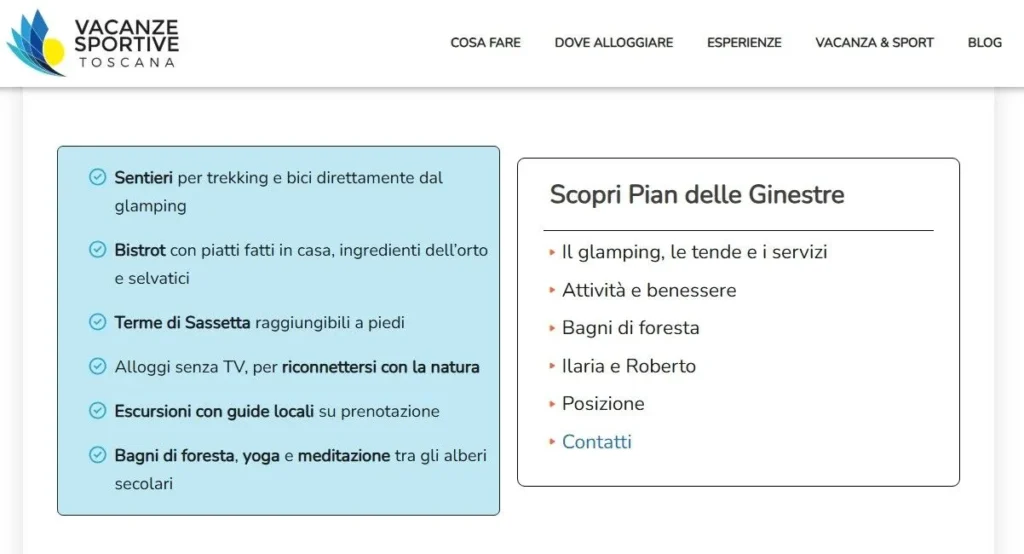 screenshot dal sito vacanze sportive toscana